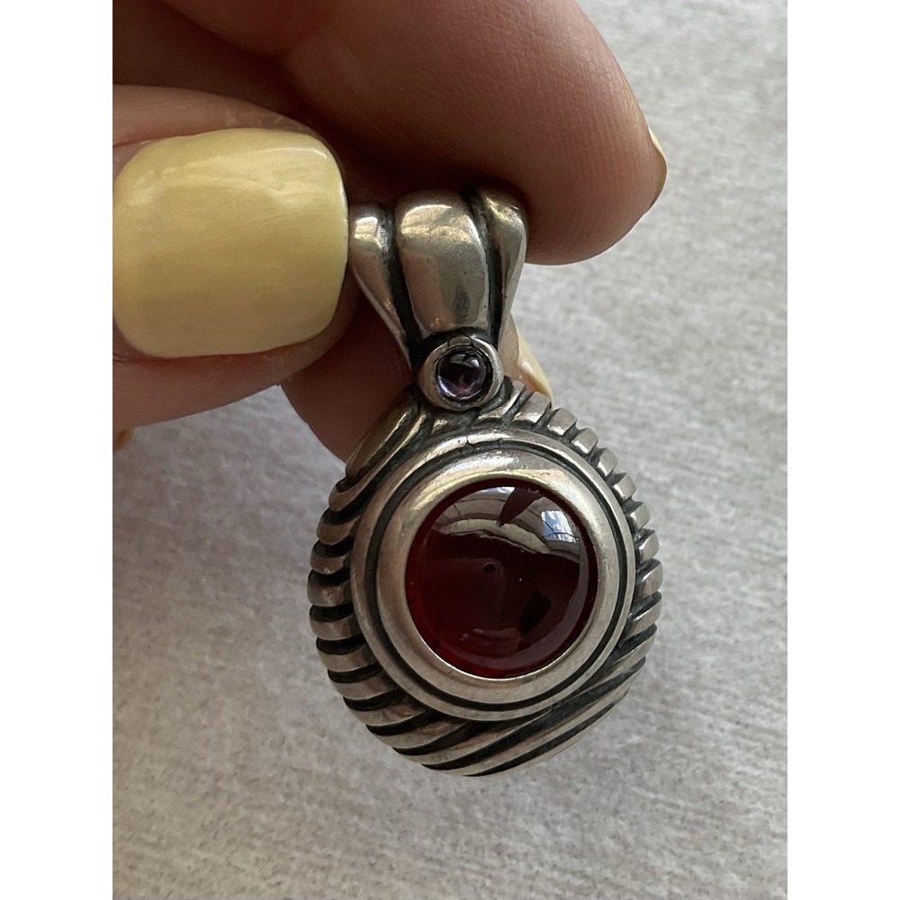 Vintage round sterling silver Gemstone pendant Cabochon Ridged Sides Estate